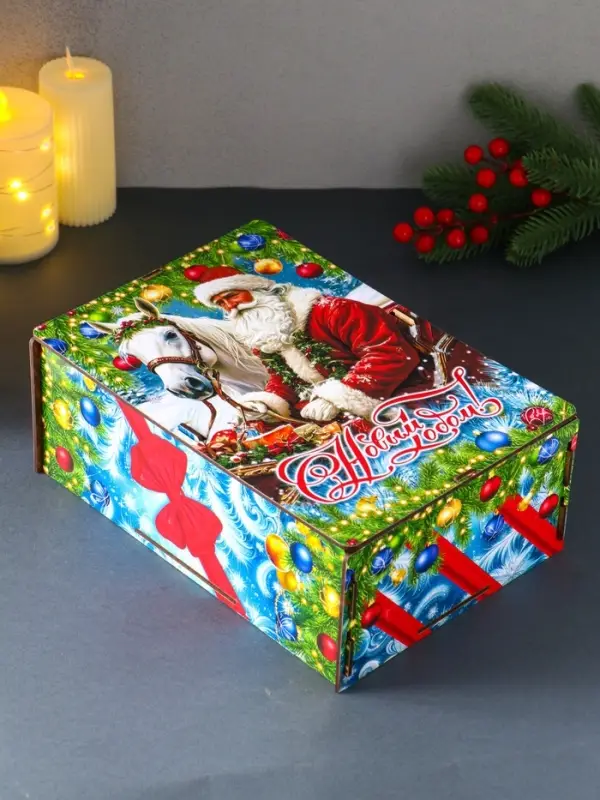 Шкатулка-ящик  самосборный большой  с символом года "Дед Мороз и лошадь", 28х19,5х11 см