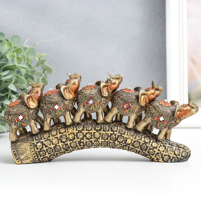 Сувенир полистоун Сувенир полистоун "Пять слонов на бивне с цветами" бронза 20,5х4х11 см