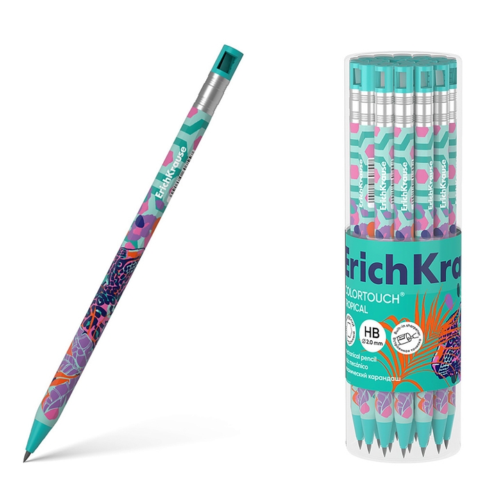 Карандаш механический 2,0 мм ErichKrause Карандаш механический 2,0 мм ErichKrause "ColorTouch Tropical" НВ, с точилкой, шестигранный корпус Soft-touch, тубус, микс