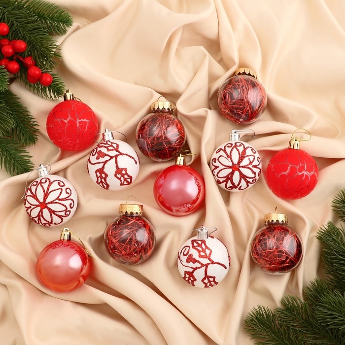 Набор шаров пластик d-6 см, 12 шт Набор шаров пластик d-6 см, 12 шт "Мелодия элит" ассорти, белый красный