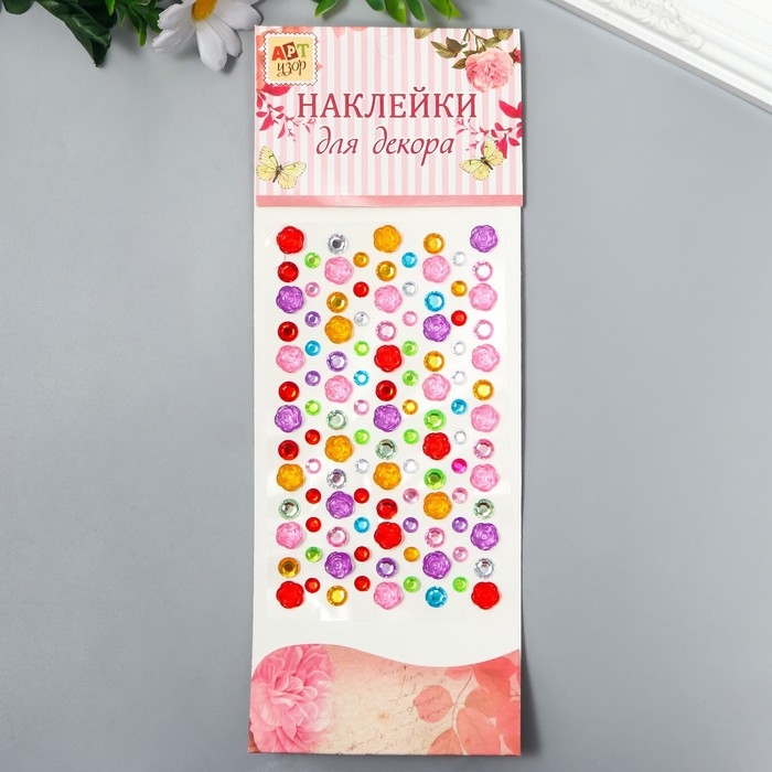 Наклейка стразы пластик "Цветы и горох" цвет МИКС 30х10 см