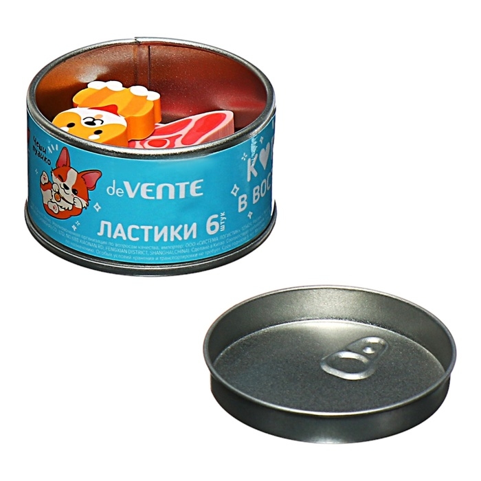 Ластик deVENTE Happy Friends, набор 6 штук, 42х22х7мм и 40х21х5мм, железная банка Ластик deVENTE Happy Friends, набор 6 штук, 42х22х7мм и 40х21х5мм, железная банка