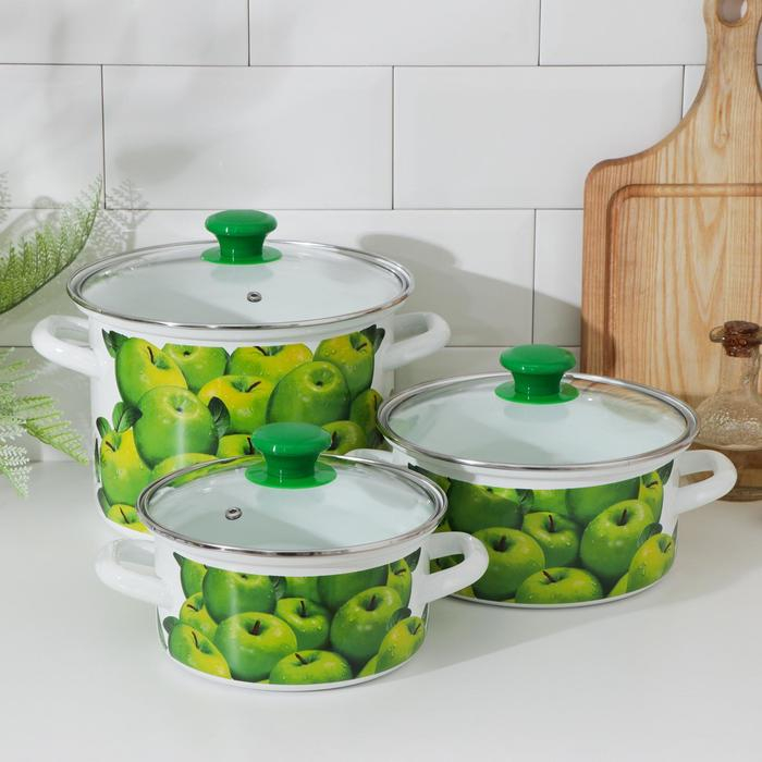 Набор кастрюль «Поздние яблоки», 3 предмета: 1,5 л, 2,3 л, 5 л, стеклянные крышки, индукция Набор кастрюль «Поздние яблоки», 3 предмета: 1,5 л, 2,3 л, 5 л, стеклянные крышки, индукция