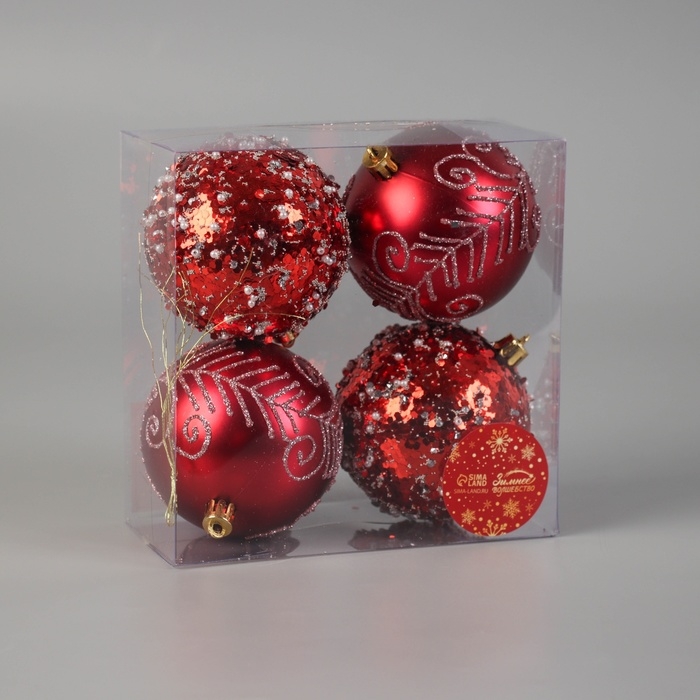 Набор шаров пластик d-8 см, 4 шт Набор шаров пластик d-8 см, 4 шт "Гарет" красный