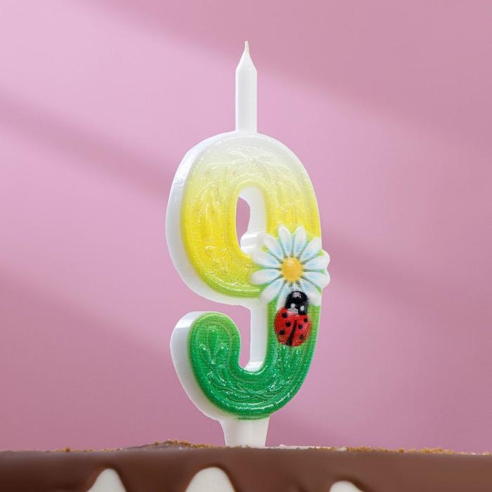 Свеча для торта Свеча для торта "Ромашки", 10,2 см, разноцветная цифра "9"