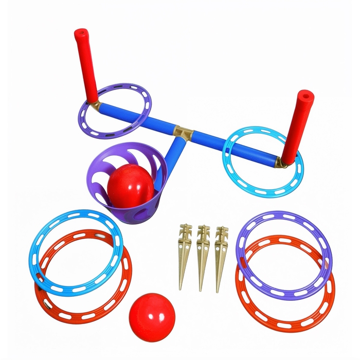 Игра Игра "Кольцеброс - шароброс": 2 стойки, 6 колец, корзинка, 2 мяча, клин - 3 шт