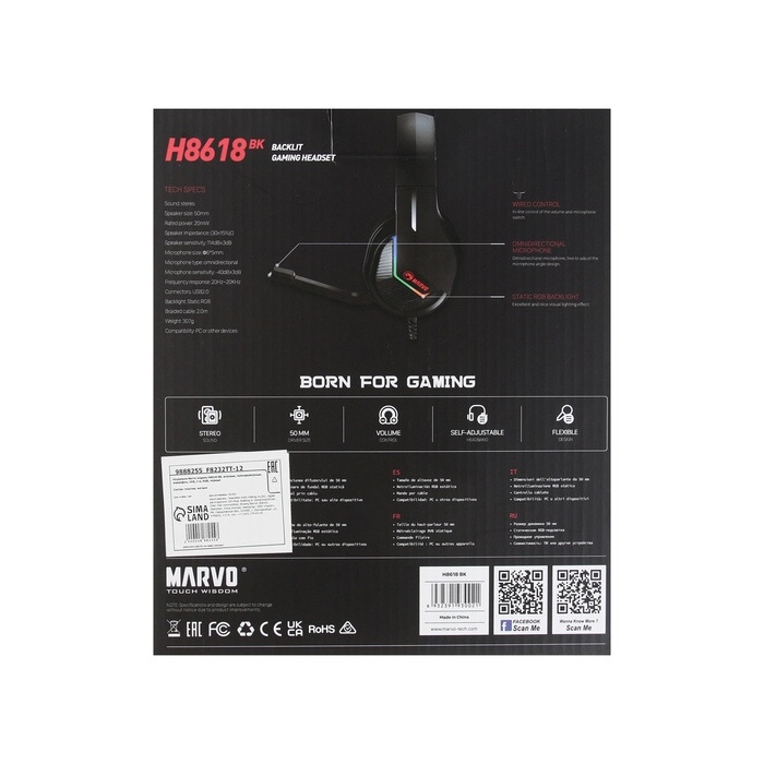 Наушники Marvo H8618 BK, игровые, полноразмерные, микрофон, USB, 2 м, RGB, чёрные Наушники Marvo H8618 BK, игровые, полноразмерные, микрофон, USB, 2 м, RGB, чёрные
