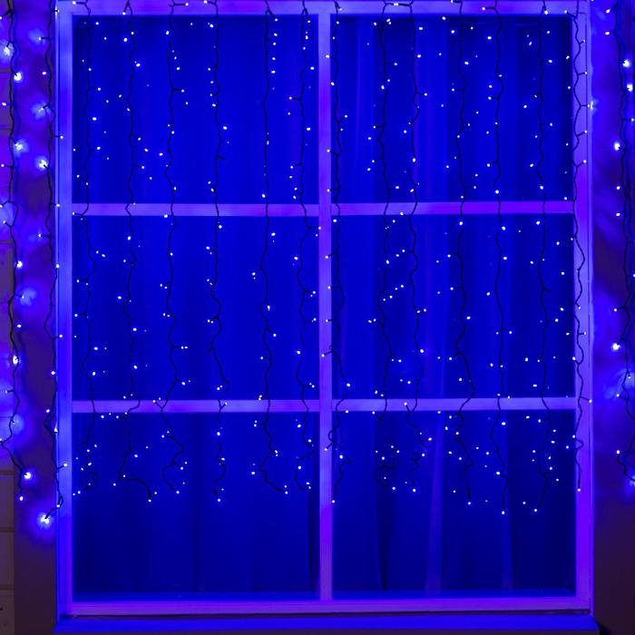 Гирлянда «Занавес» 2 × 1.5 м, IP44, УМС, тёмная нить, 360 LED, свечение синее, 220 В