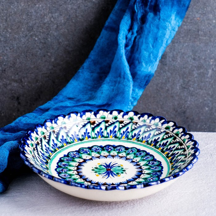 Тарелка Риштанская Керамика  Тарелка Риштанская Керамика "Узоры", синяя, глубокая, микс, 20 см