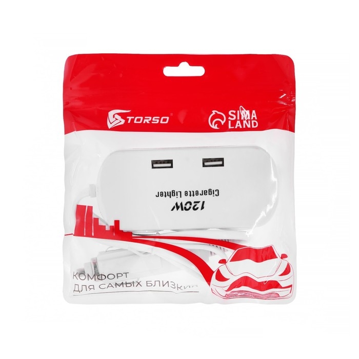 Разветвитель прикуривателя TORSO, 12-24 В, USB 2А, провод 40 см Разветвитель прикуривателя TORSO, 12-24 В, USB 2А, провод 40 см