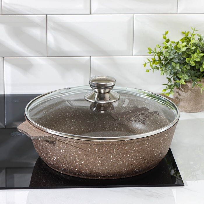 Жаровня «Гранит Brown», 4 л, h=8,5 см, стеклянная крышка, антипригарное покрытие, цвет коричневый Жаровня «Гранит Brown», 4 л, h=8,5 см, стеклянная крышка, антипригарное покрытие, цвет коричневый