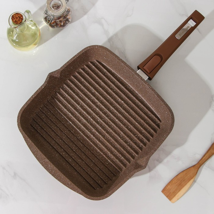 Сковорода-гриль «Гранит», 26×26 см, съёмная ручка, стеклянная крышка, антипригарное покрытие, цвет коричневый Сковорода-гриль «Гранит», 26×26 см, съёмная ручка, стеклянная крышка, антипригарное покрытие, цвет коричневый
