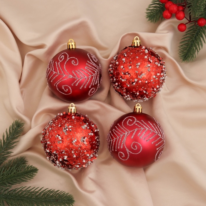 Набор шаров пластик d-8 см, 4 шт Набор шаров пластик d-8 см, 4 шт "Гарет" красный