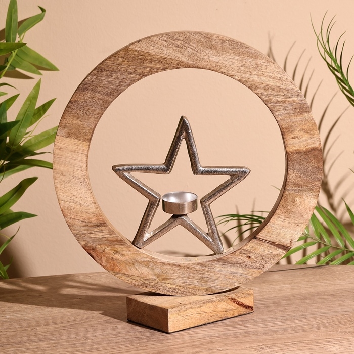 Подсвечник в деревянном кольце  Подсвечник в деревянном кольце "Звезда" 30х8х33 см