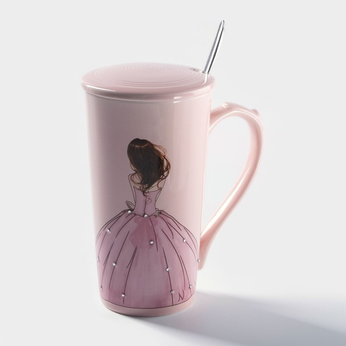 Кружка керамическая с крышкой и ложкой &laquo;Пышность бала&raquo;, 300 мл, цвет МИКС