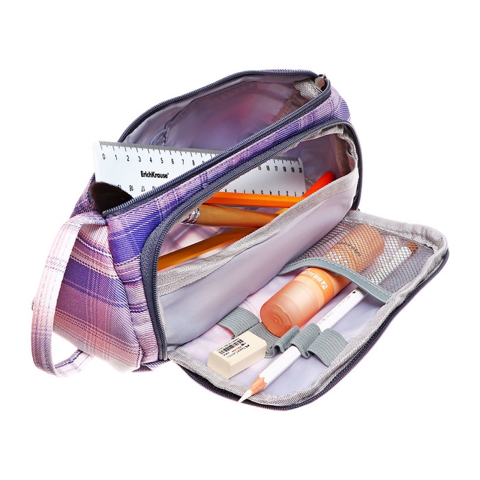 Пенал мягкий 2 отделения, 95 х 210 х 90 мм, объёмный с откидной планкой, с ручкой, Calligrata, Пенал мягкий 2 отделения, 95 х 210 х 90 мм, объёмный с откидной планкой, с ручкой, Calligrata, "Шотландка", серо-розовая