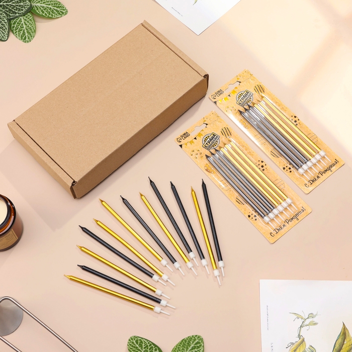 Свечи в торт "Ройс", 13 см, высокие, 12 шт, чёрные и золотые