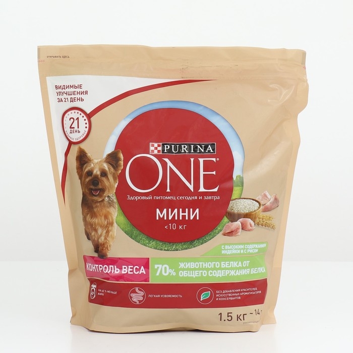 Сухой корм Purina One mini  Сухой корм Purina One mini "Здоровый вес" для мелких пород, индейка/рис, 1,5 кг