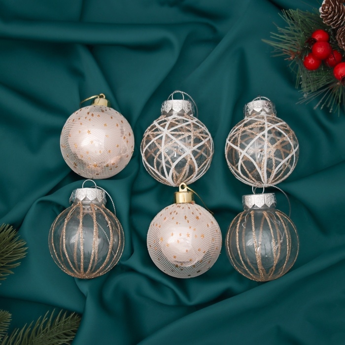 Набор шаров пластик d-6 см, 6 шт Набор шаров пластик d-6 см, 6 шт "Зимняя долина" бежевый