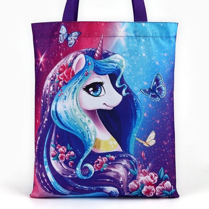 Шопер детский для девочки детская для девочки «Единорожка», 32х25х1 см, без молнии, без подклада, сиреневый