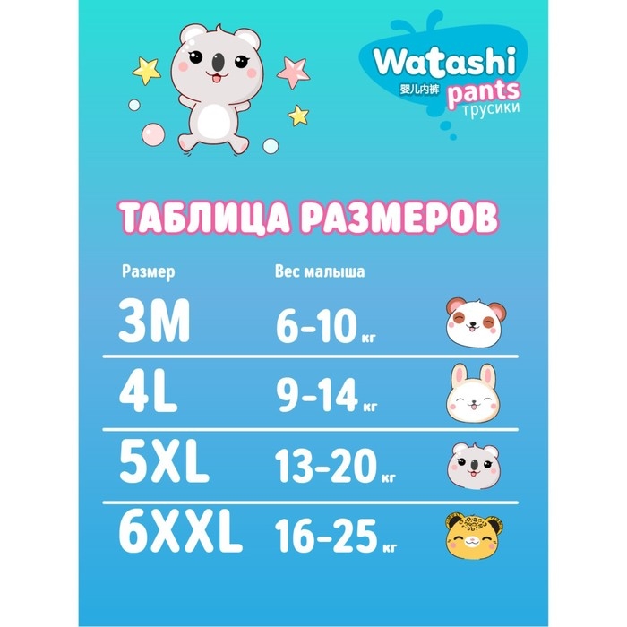 Подгузники-трусики одноразовые WATASHI для детей 5/XL 13-20 кг 36шт Подгузники-трусики одноразовые WATASHI для детей 5/XL 13-20 кг 36шт