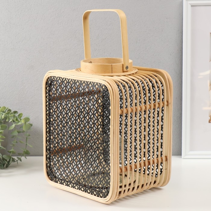 Подсвечник ротанг, металл Подсвечник ротанг, металл "Фонарик. Сеточка. Прямоугольный" 31,5х24,5х19 см