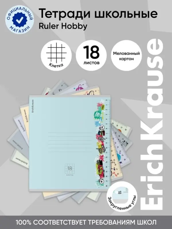 Тетрадь 18 листов в клетку ErichKrause Ruler Hobb, 60 г/м&sup2;, обложка мелованный картон, МИКС