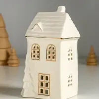 Сувенир керамика свет "Домик с ёлочкой" белый с золотом 7,5х6,5х14 см