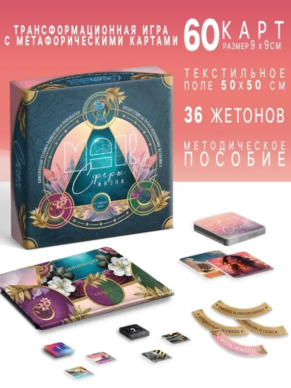Трансформационная игра &laquo;Сферы жизни&raquo;, 60 карт (9&times;9 см), 36 жетонов (3&times;3 см и 3.5&times;10 см), игровое поле (50&times;50 см),16+