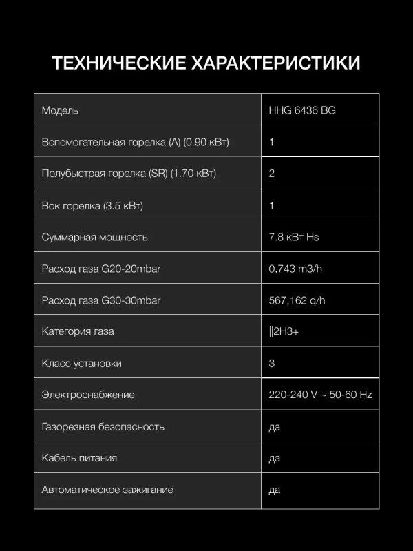Газовая варочная поверхность HHG 6436 BG Газовая варочная поверхность HHG 6436 BG