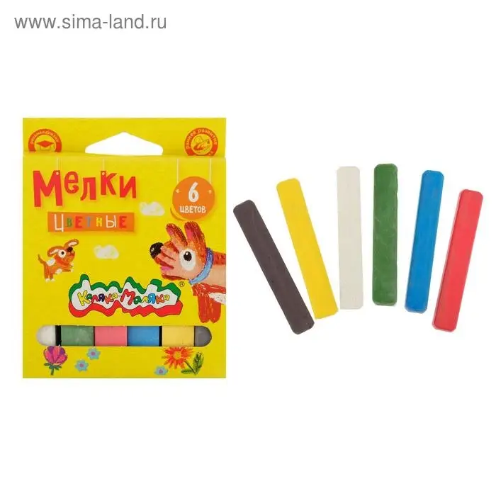 Мелки цветные в наборе 6 штук,  Мелки цветные в наборе 6 штук, "Каляка-Маляка", квадратные