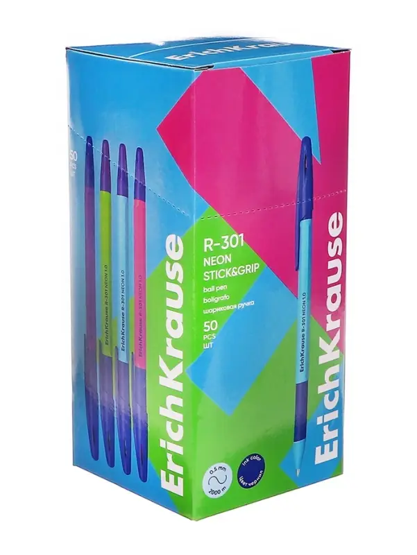Ручка шариковая ErichKrause R-301 Neon Stick & Grip, узел 0,7-1.0 мм, чернила синие, резиновый держатель, длина линии письма 2000 метров, МИКС