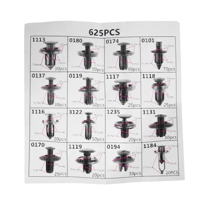Клипсы и пистоны крепежные, 16 видов, набор 625 шт.