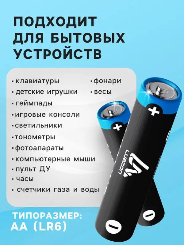 Батарейка алкалиновая (щелочная) Luazon, АА, LR6, блистер, 4 штуки
