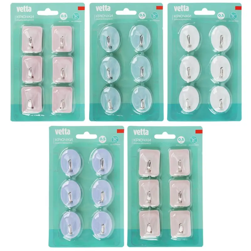 Крючки самоклеящиеся тм VETTA, сталь Q195, полипропилен, 5 цветов, WF-104, 6шт