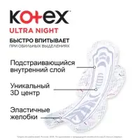 Прокладки &laquo;Kotex&raquo; Night Ultra Soft & Dry с крылышками, 7 шт/уп