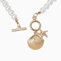 Набор 2 пред-та: бусы.браслет "Жемчуг", ракушка вонголе, цвет белый в золоте L=18/42см №8