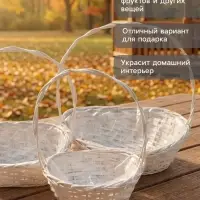 Корзина плетёная для хранения, лоза, с ручкой, овальная, со вставкой, серая, набор 3 шт.