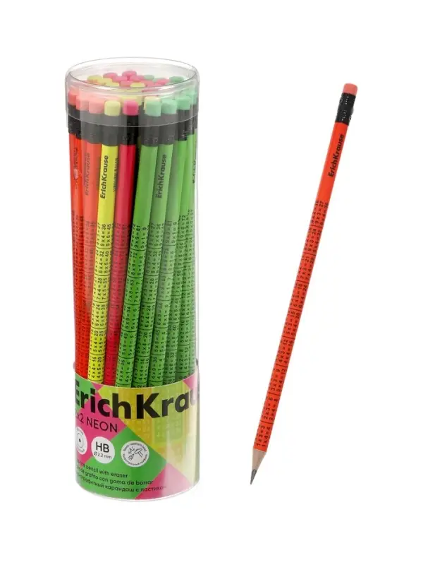 Карандаш чернографитный ErichKrause Neon, круглый, с ластиком, HB, в тубусе, МИКС