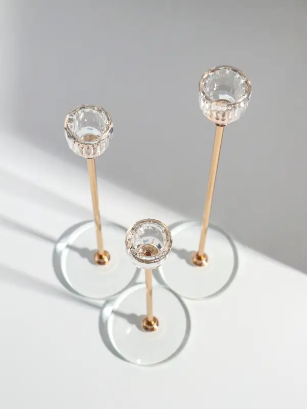 Подсвечник стекло, металл "Чаша-кристалл" d=2,2 см набор 3 шт h=23, 27,5 и 32,5 см