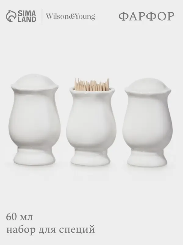 Набор для специй WY Renessans, 3 предмета: солонка, перечница, подставка для зубочисток, 60 мл, фарфор, белый