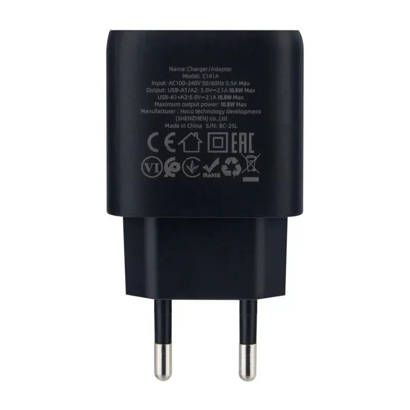 Переходник сетевого зарядного устройства на 2 USB 2.1A C41A HOCO черный