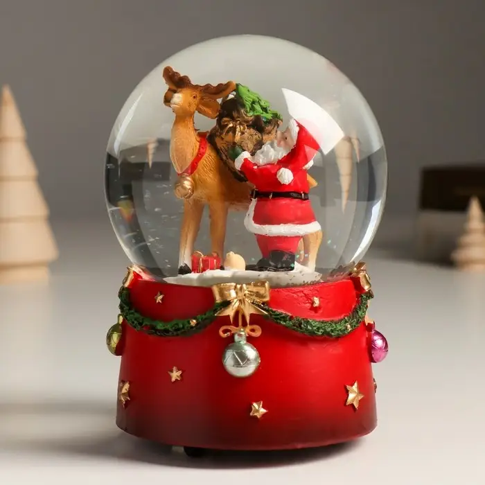 Сувенир полистоун водяной шар музыка механ. "Дед Мороз и северный олень" 11,5х11,5х14 см