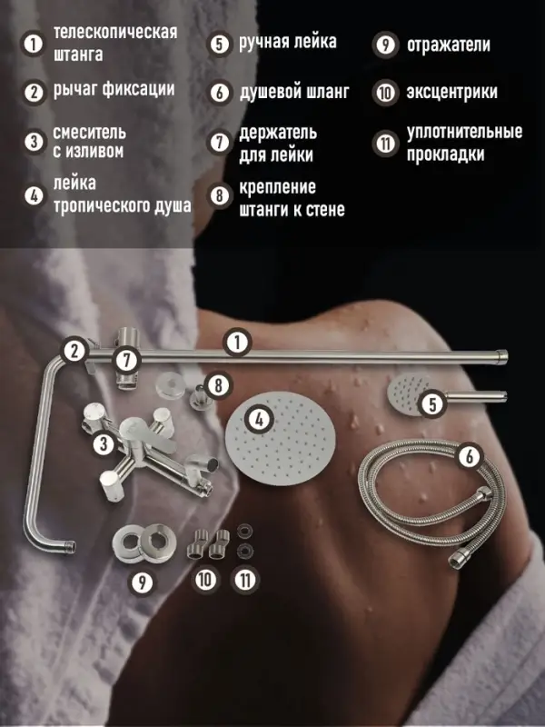 Душевая система ZEIN Z1008, смеситель, тропическая и ручная лейка, стойка, круглая, сатин