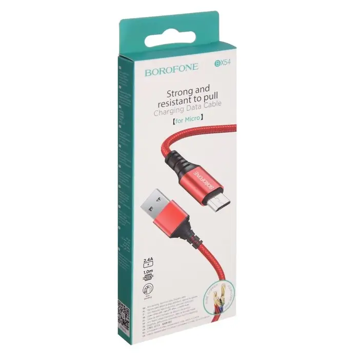 Кабель Borofone BX54, microUSB - USB, 2.4 А, 1 м, оплётка нейлон, красный