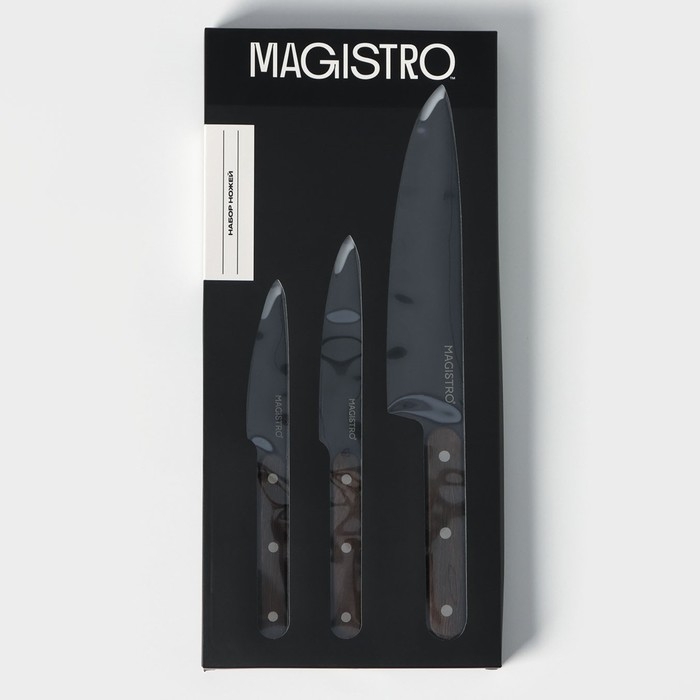 Набор кухонных ножей Magistro Dark wood, 3 предмета: лезвие 10,2 см, 12,7 см, 19 см, цвет чёрный Набор кухонных ножей Magistro Dark wood, 3 предмета: лезвие 10,2 см, 12,7 см, 19 см, цвет чёрный