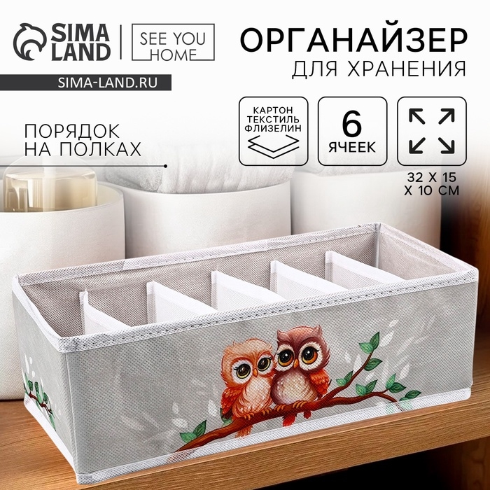 Органайзер для хранения, кофр для белья 6 ячеек Органайзер для хранения, кофр для белья 6 ячеек "Совушки", 32 х 15 х 10 см
