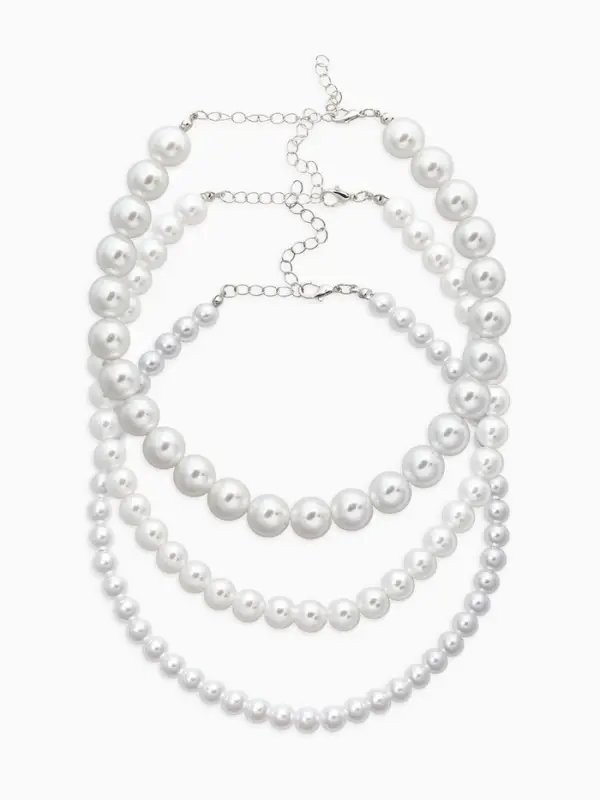Чокер &laquo;Сияние жемчуга&raquo;, (набор3 нити) бусины №14,10,8, L=35см+8см, цвет белый в серебре