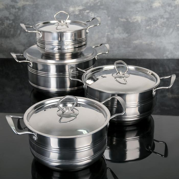 Набор кастрюль из нержавеющей стали «Ясмин», 4 кастрюли: 2 л, 2,7 л, 3,5 л, 4,5 л, d=17/19/21/23 см, металлические крышки, индукция Набор кастрюль из нержавеющей стали «Ясмин», 4 кастрюли: 2 л, 2,7 л, 3,5 л, 4,5 л, d=17/19/21/23 см, металлические крышки, индукция