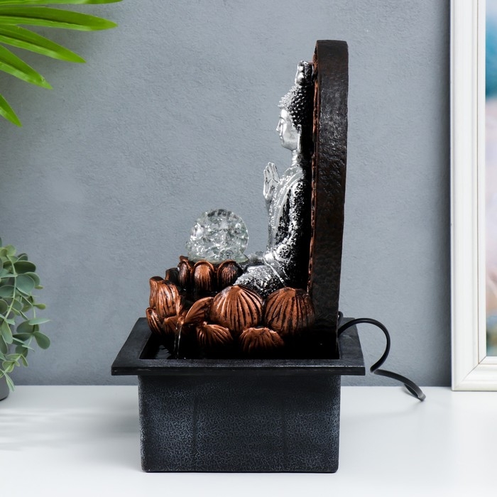 Фонтан настольный от сети, подсветка Фонтан настольный от сети, подсветка "Будда в арке у лотоса" серебро 35х25х20 см